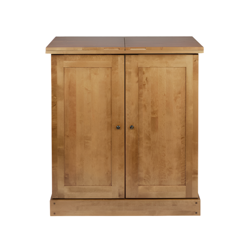 Wooden drinks cabinet with two closed doors on a white background