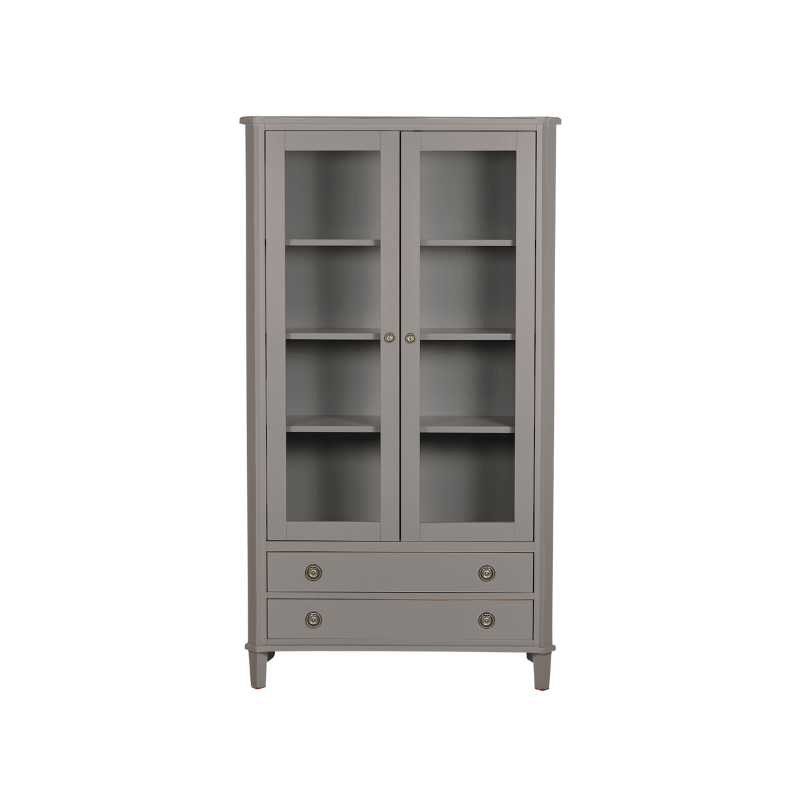 Gray cabinet with glass doors and drawers on a white background