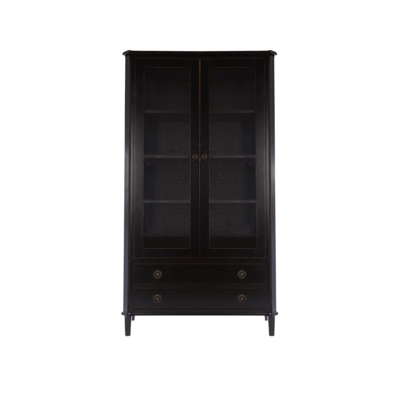 Black cabinet with glass doors and drawers on a white background