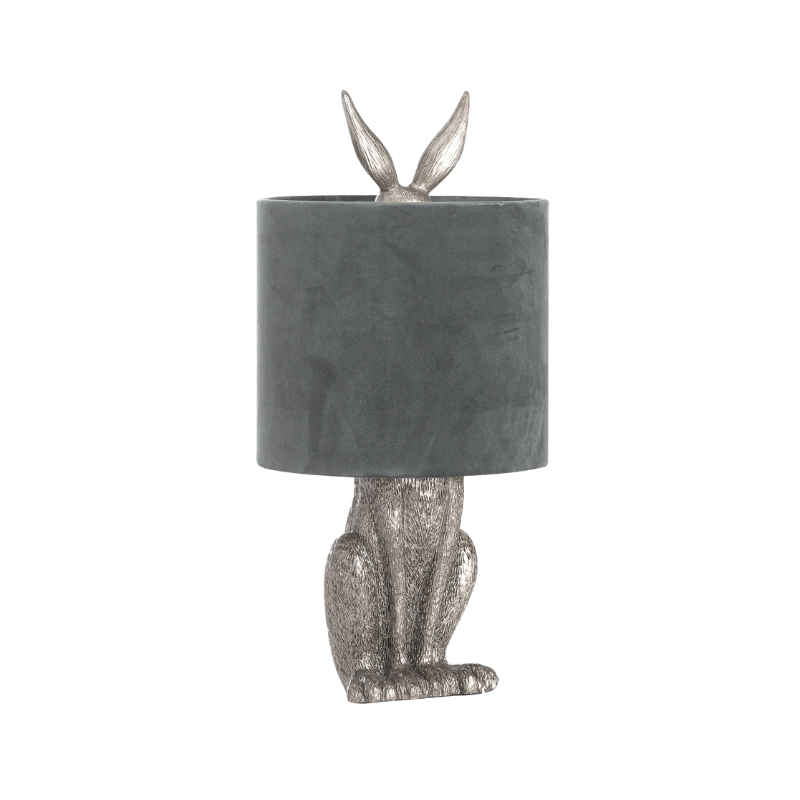 Handcrafted Antique Silver Hare Table Lamp With Grey Velvet Shade - 20697