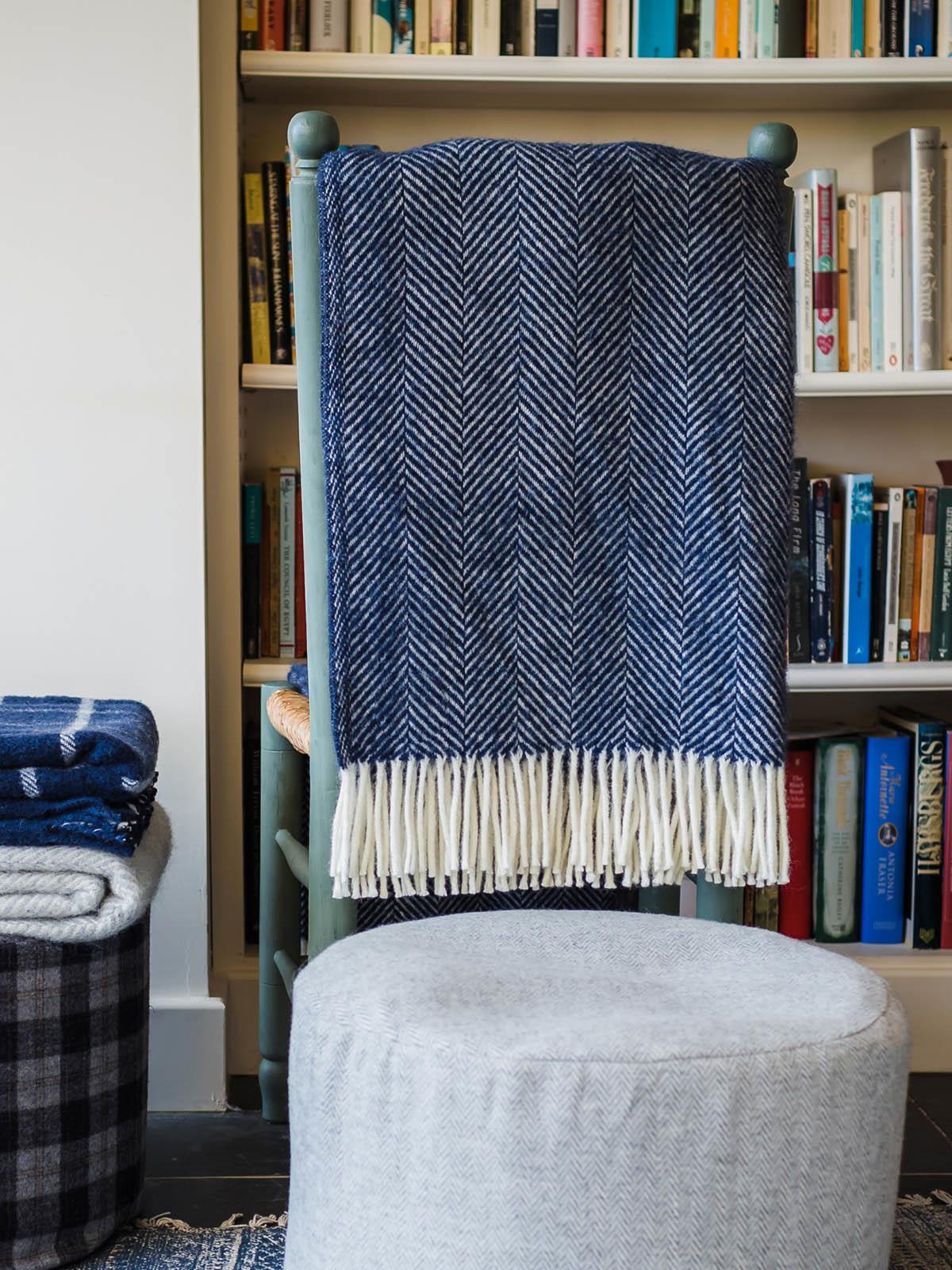 Herringbone Pure New Wool Throw - Navy - White Bear Furnishings