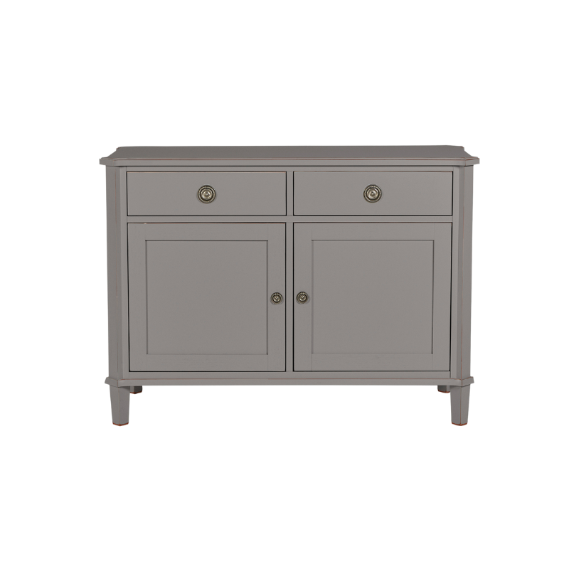 Gray cabinet with two doors and two drawers on a white background