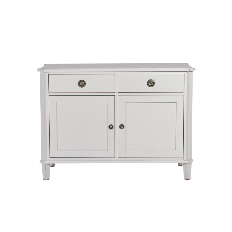 White cabinet with two doors and two drawers on a white background