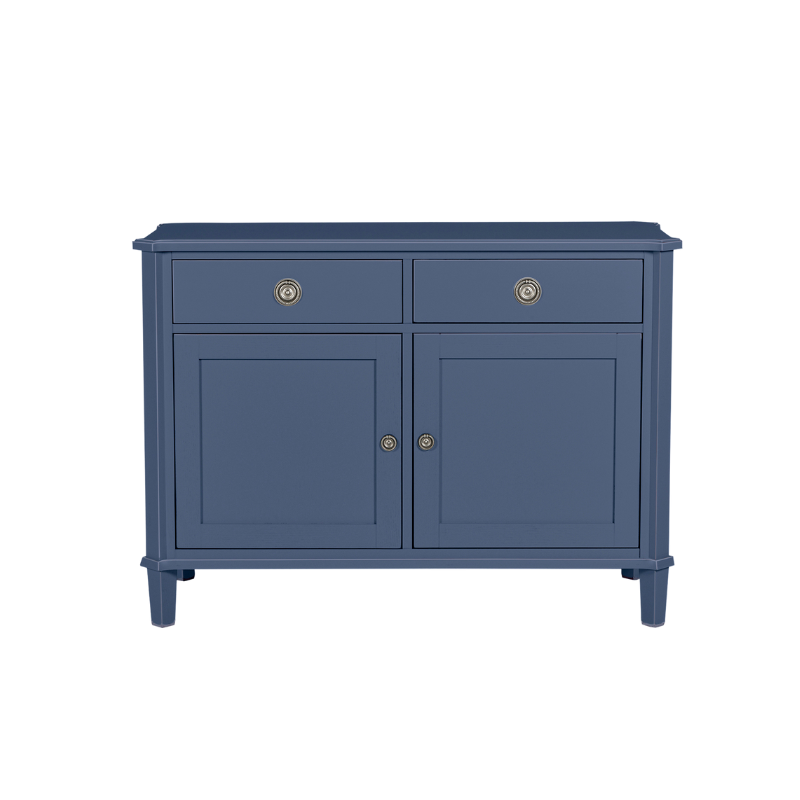 Blue cabinet with two doors and two drawers on a white background