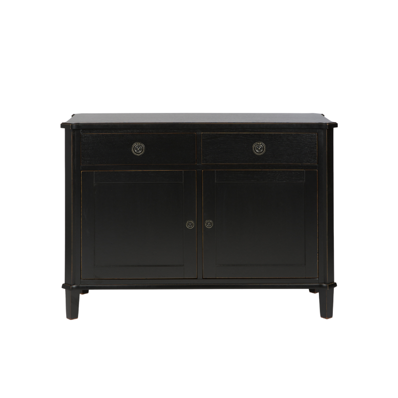Black wooden cabinet with two doors and two drawers on a white background