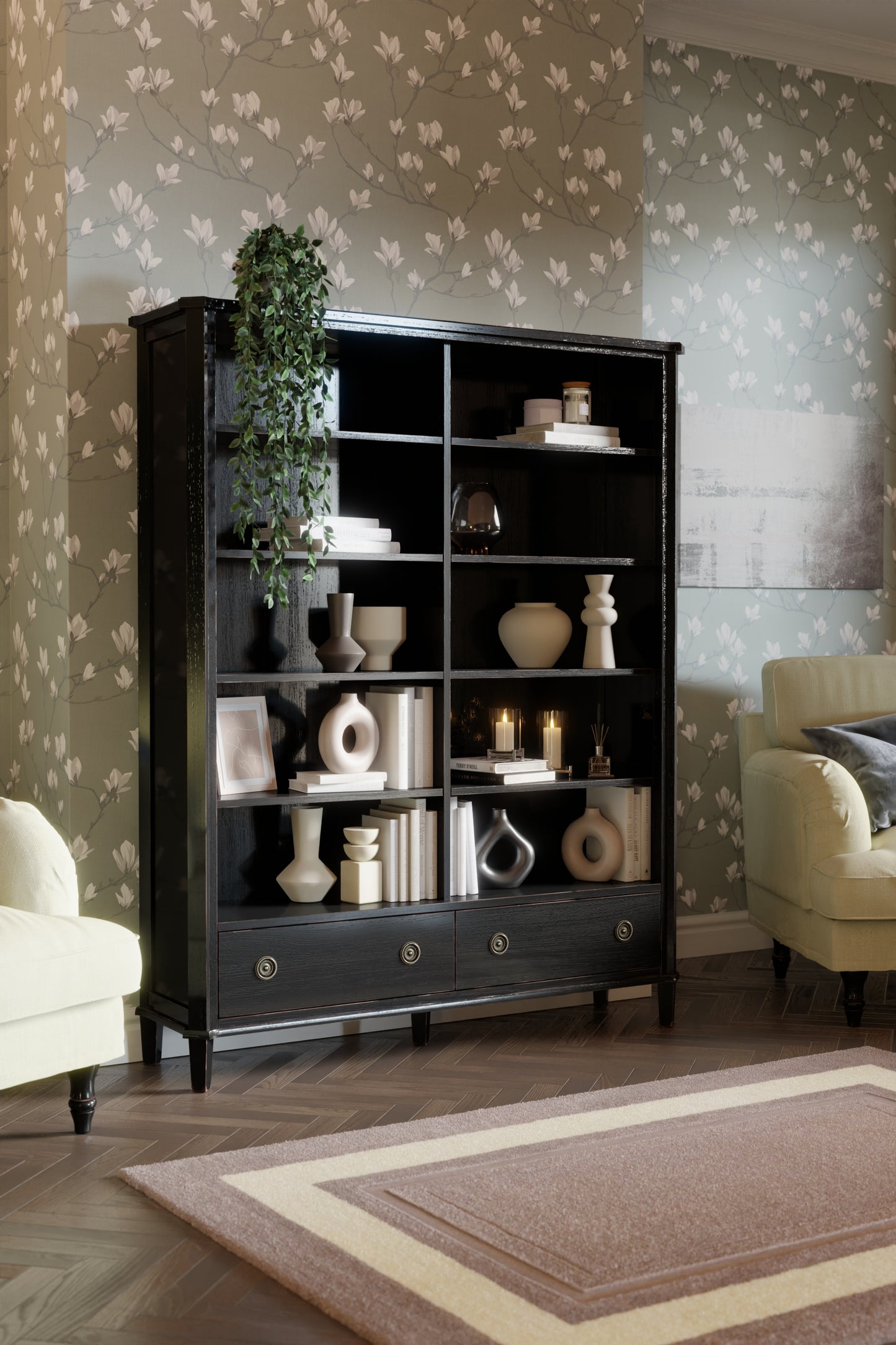 Black wooden bookcase with decorative items in a living room setting.