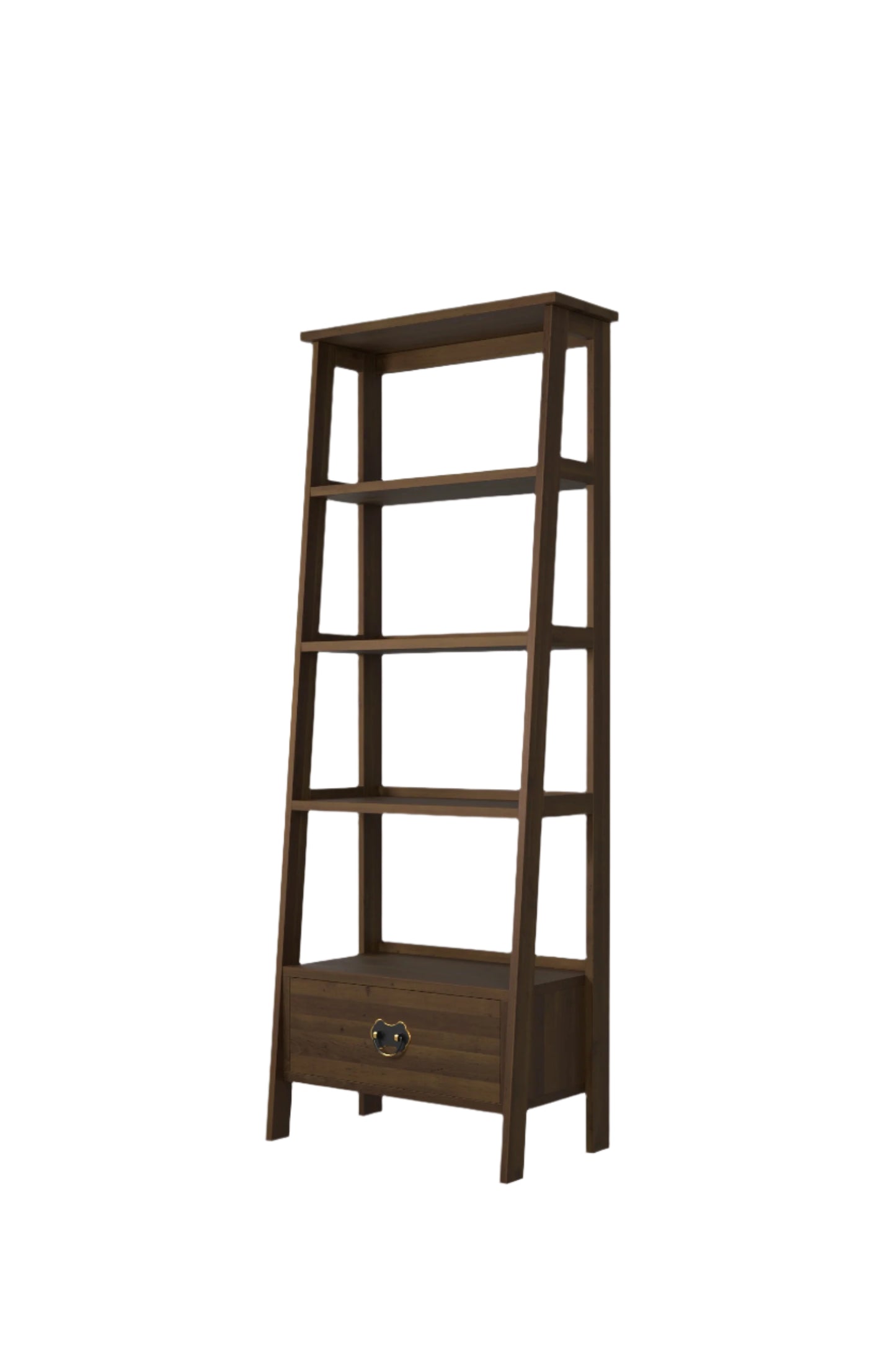 A dark chestnut brown Garrat ladder shelving unit with four shelves and a small drawer.