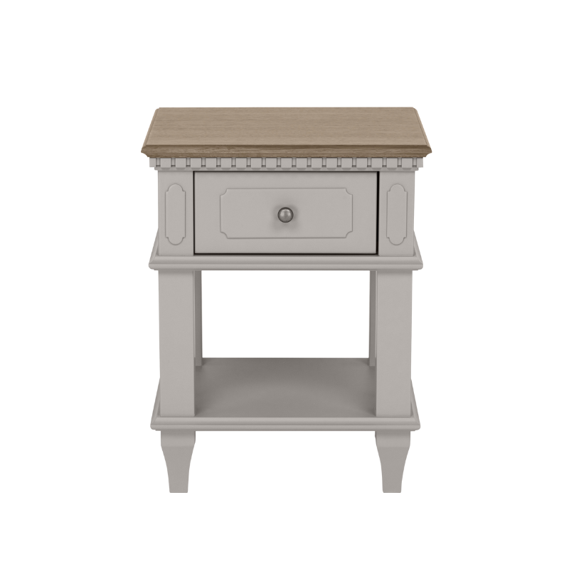 A pale French grey 1-drawer side table with a lower shelf, made of wood, with a brown wooden top.