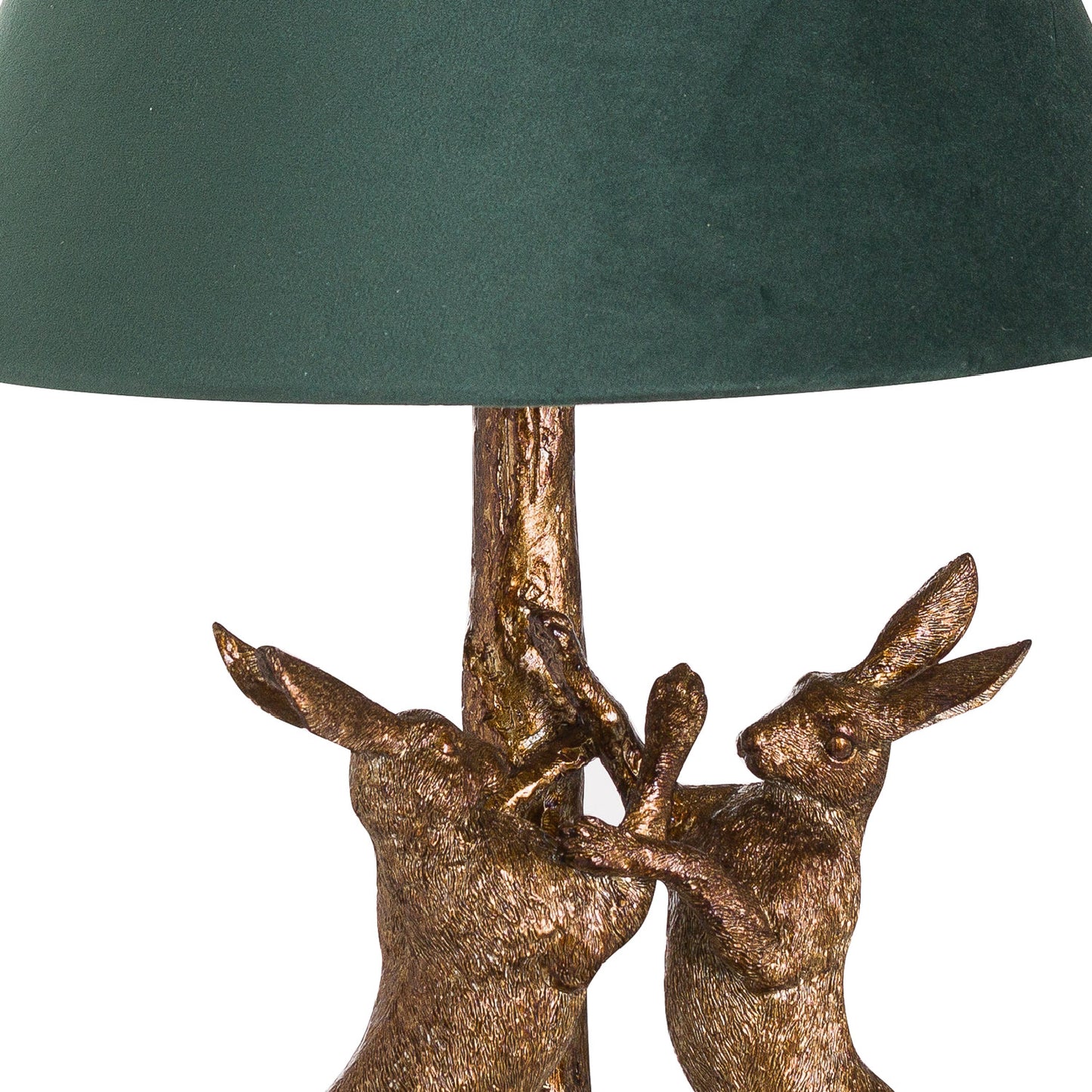 Handcrafted Antique Gold Marching Hares Lamp With Green Velvet Shade - 20695