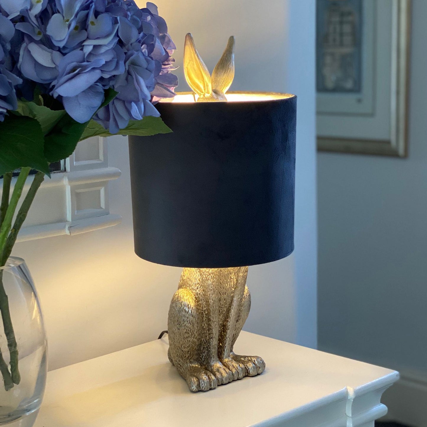 Handcrafted Antique Silver Hare Table Lamp With Grey Velvet Shade - 20697