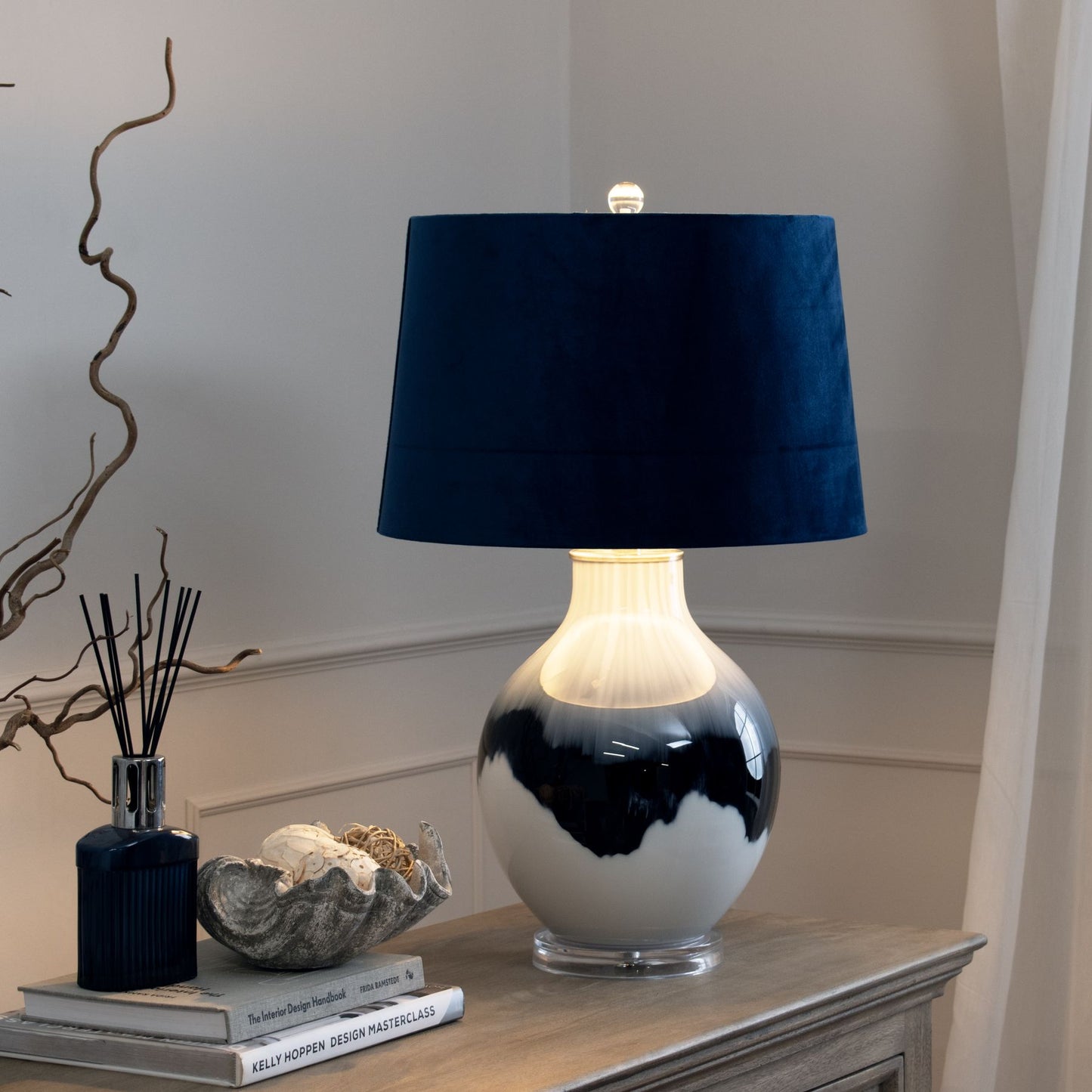 Handcrafted Ceramic Glacier Table Lamp with Navy Blue Velvet Lampshade - 22644 - White Bear Furnishings