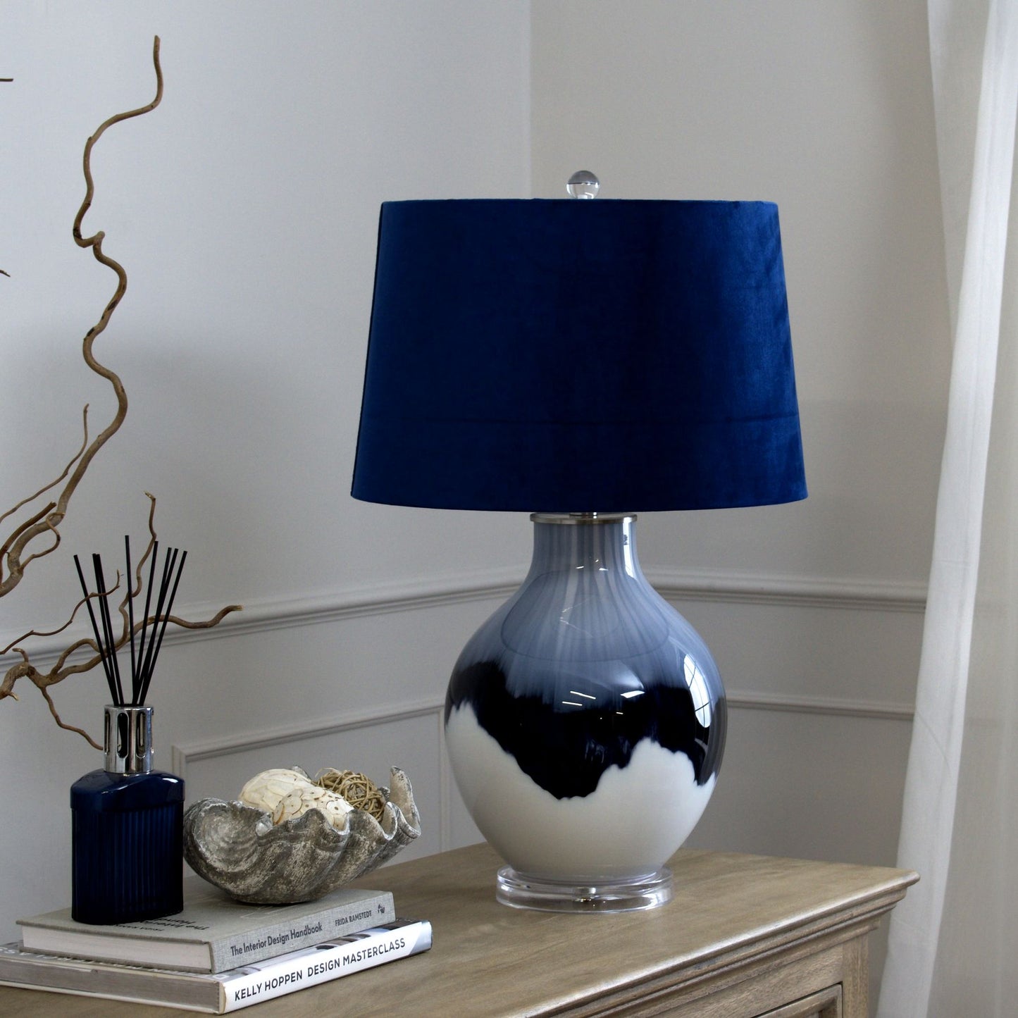 Handcrafted Ceramic Glacier Table Lamp with Navy Blue Velvet Lampshade - 22644 - White Bear Furnishings