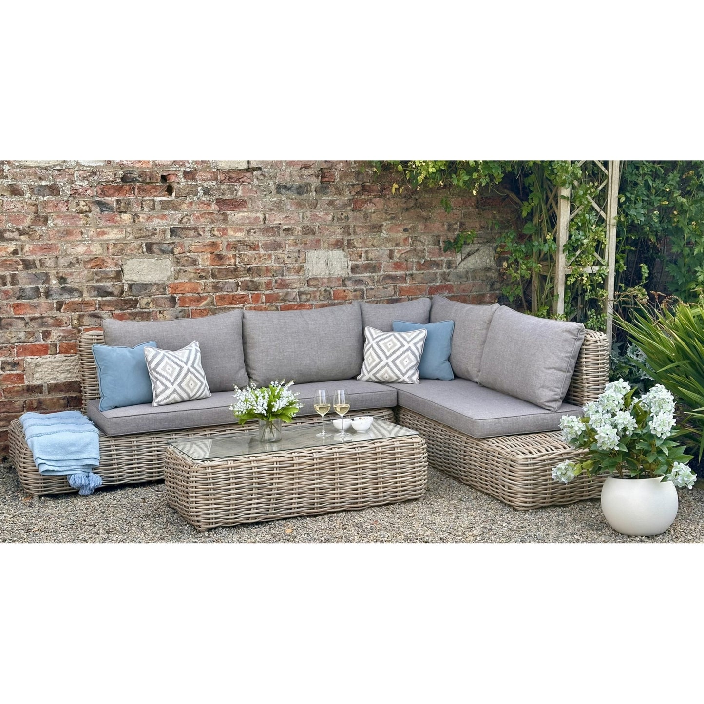 Amalfi Outdoor Large Corner Sofa Set with Weather-Resistant Fabric & Glass Table - 23912