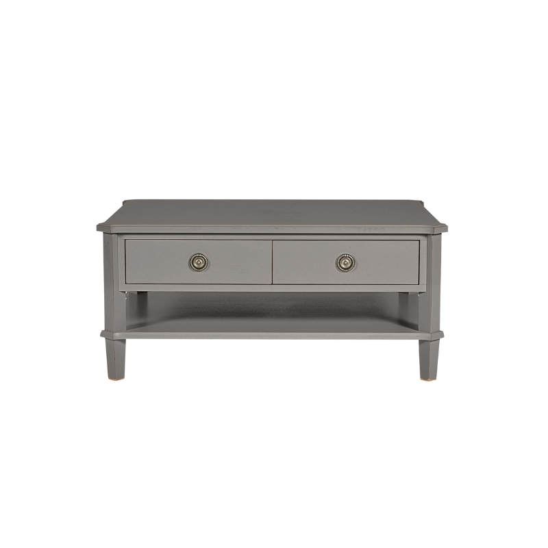 Gray coffee table with two drawers on a white background