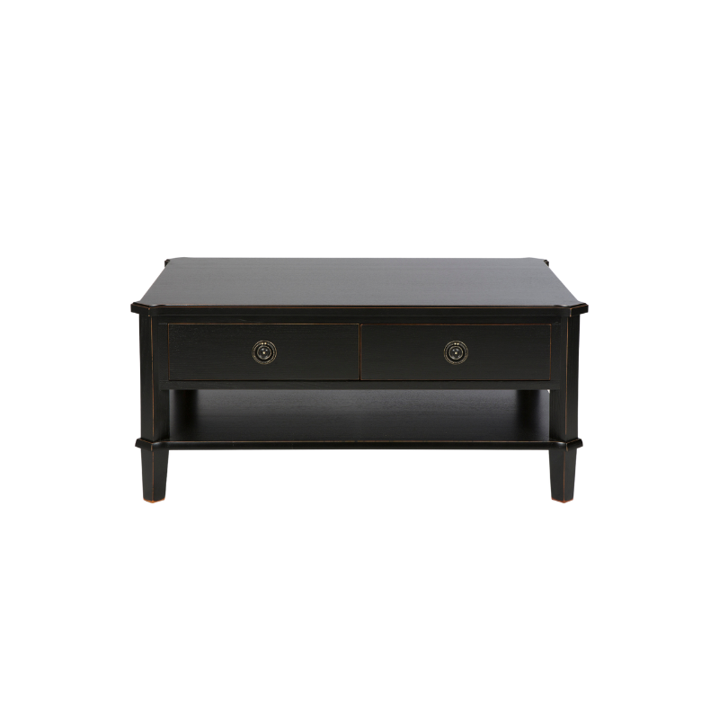 Black coffee table with two drawers on a white background