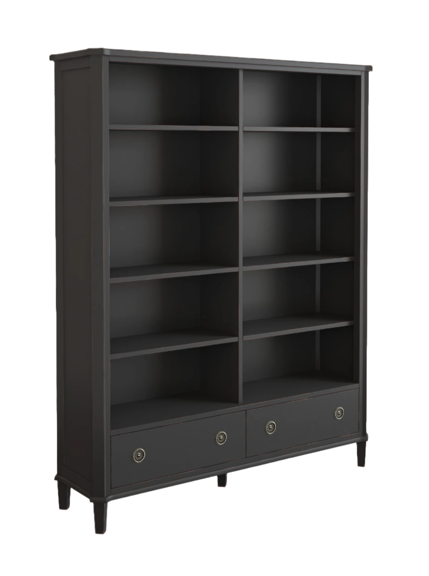 Left-hand corner view of a black bookcase with multiple shelves and two drawers on a white background