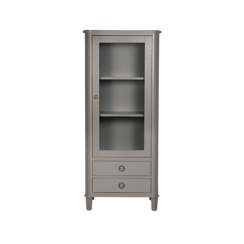 Gray cabinet with a glass door and two drawers on a white background