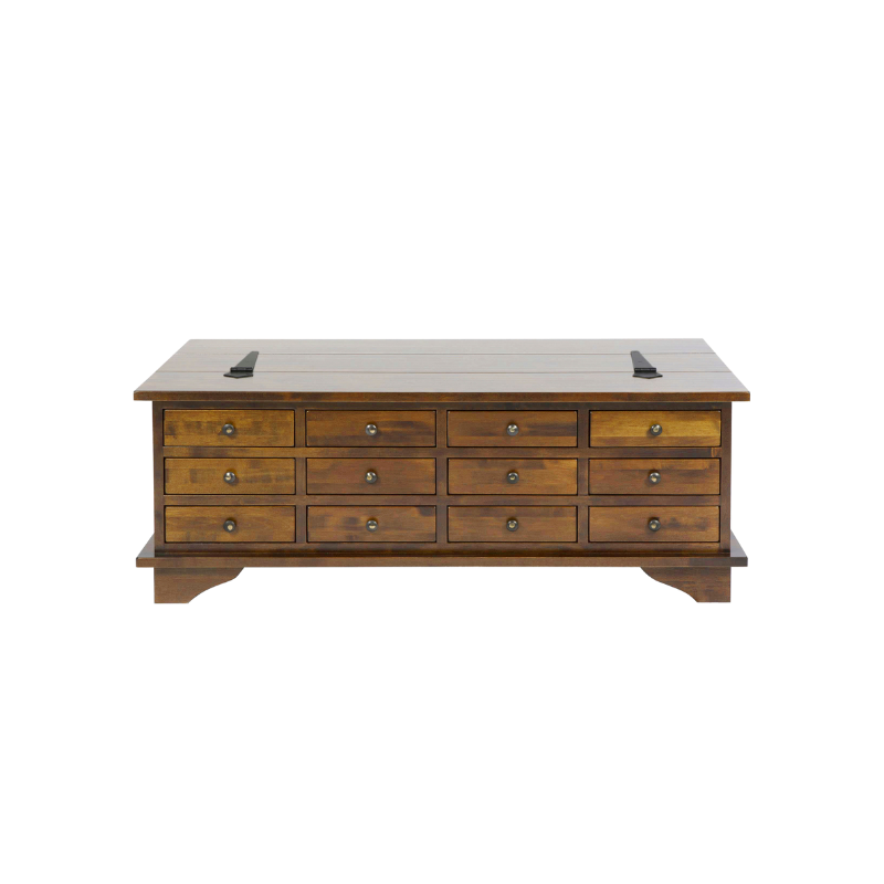 A brown wooden coffee table with 12 drawers, the top two drawers are different shades of brown with a lighter shade on the top drawer and darker shades on the lower drawer, with a solid wood construction.