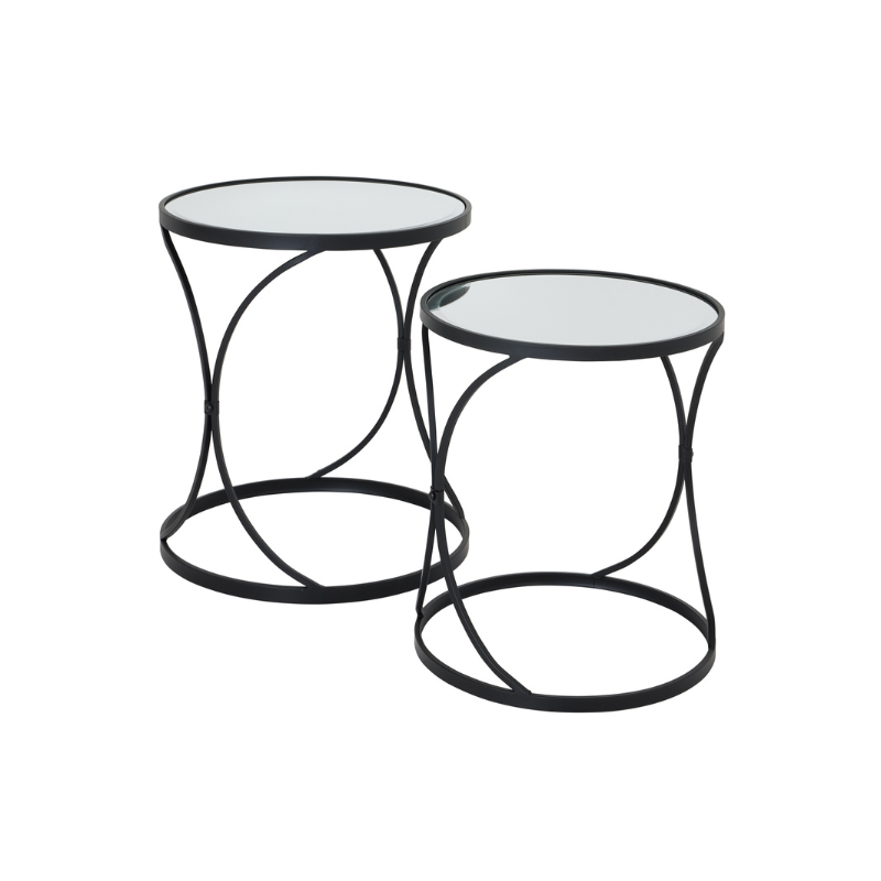 Concaved Set of Two Black Mirrored Side Tables - 22487