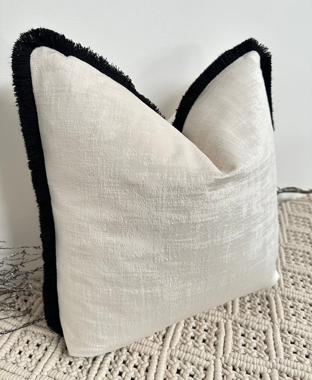 The Couture Cushion - The Fringed Ivory Dolce fringed in Black - Style No. 133 - White Bear Furnishings