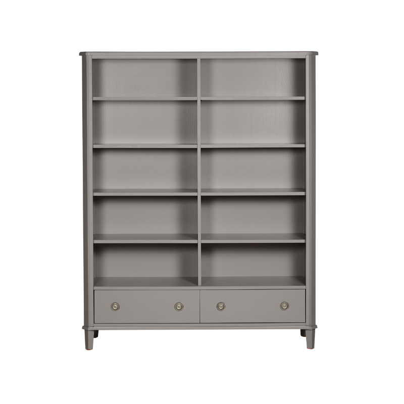 Dark grey double bookcase with multiple shelves and two drawers on a white background