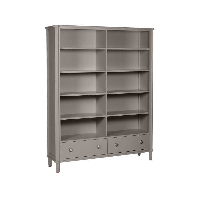 Left-hand corner view of a dark grey double bookcase with multiple shelves and two drawers on a white background
