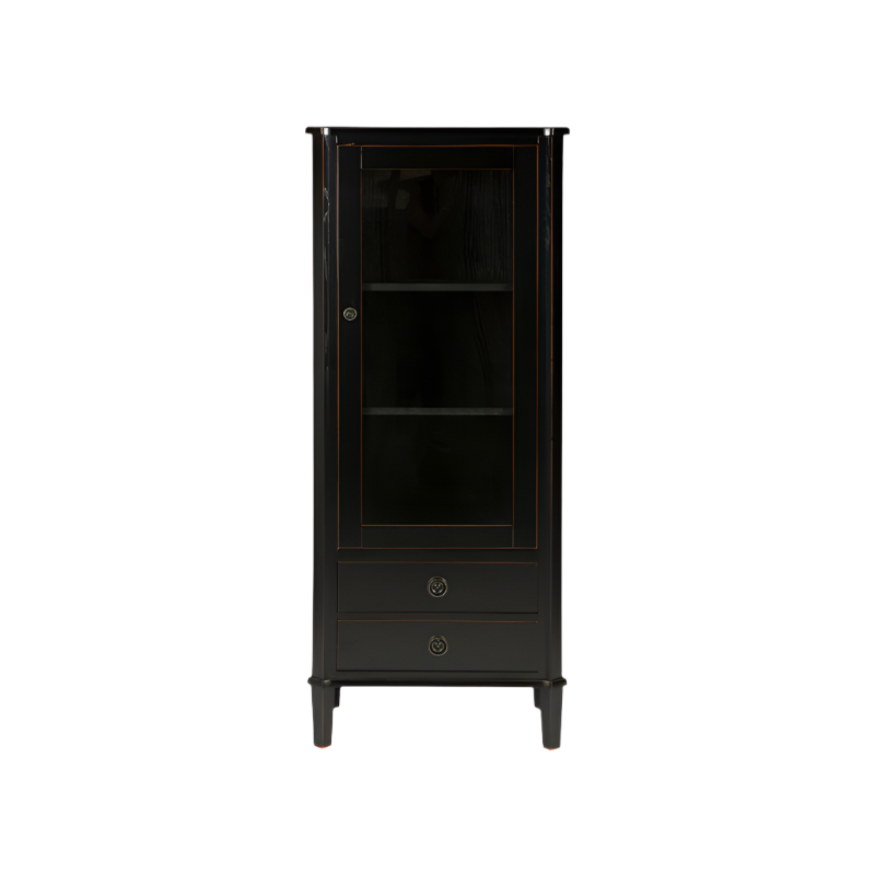 Black cabinet with glass door and drawer on a white background