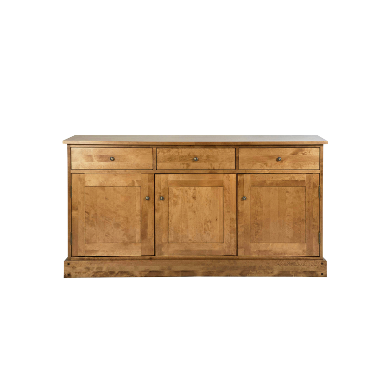 A honey-colored wooden sideboard with three doors and three drawers.