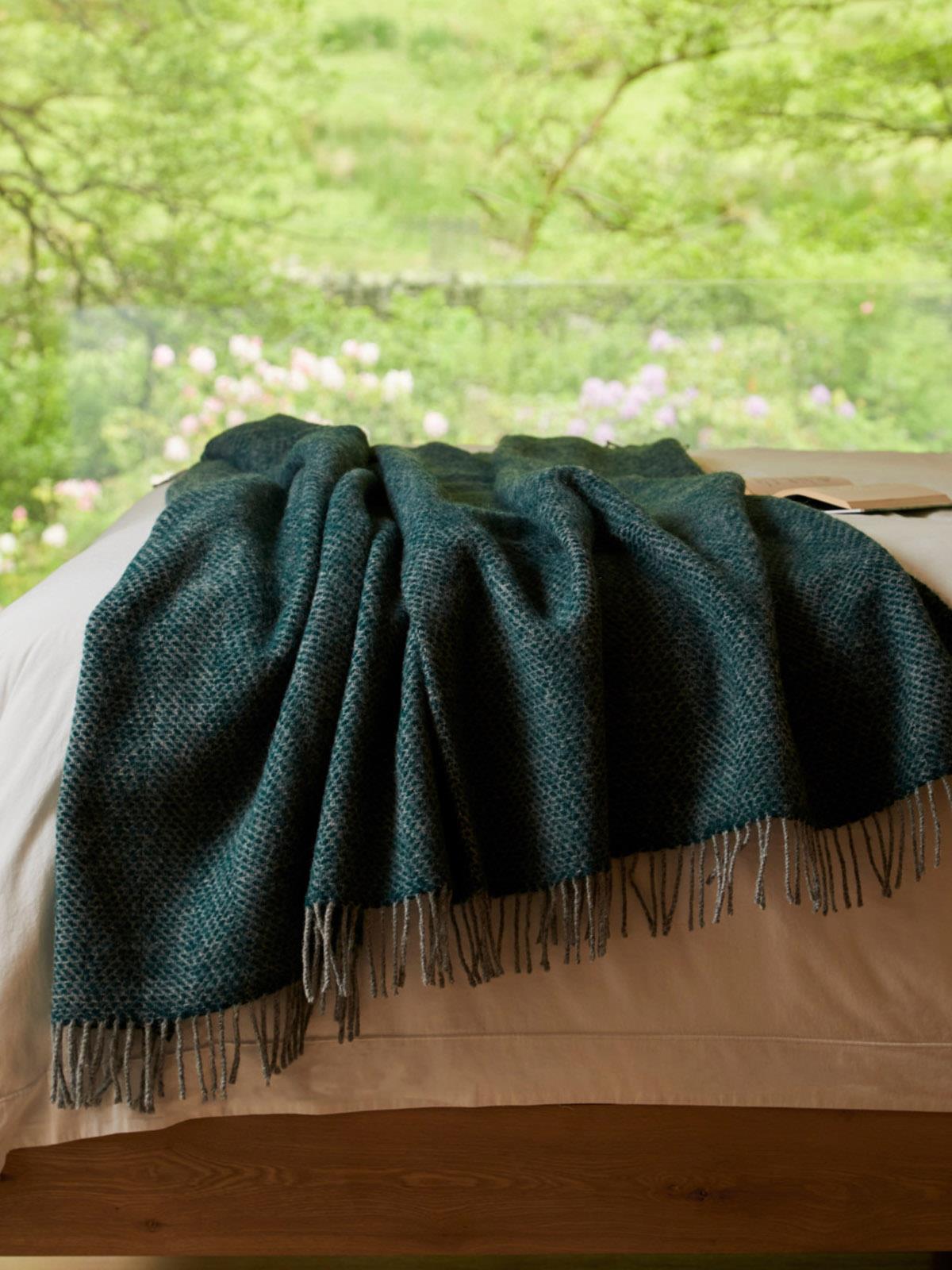 Honeycomb XL Pure New Wool Throw - Emerald/Grey - White Bear Furnishings