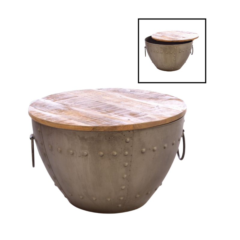 Old Empire Round Storage Coffee Table in Mango Wood & Steel - OLD12 - White Bear Furnishings