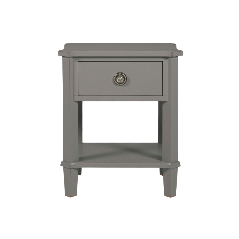 Gray end table with a drawer on a white background