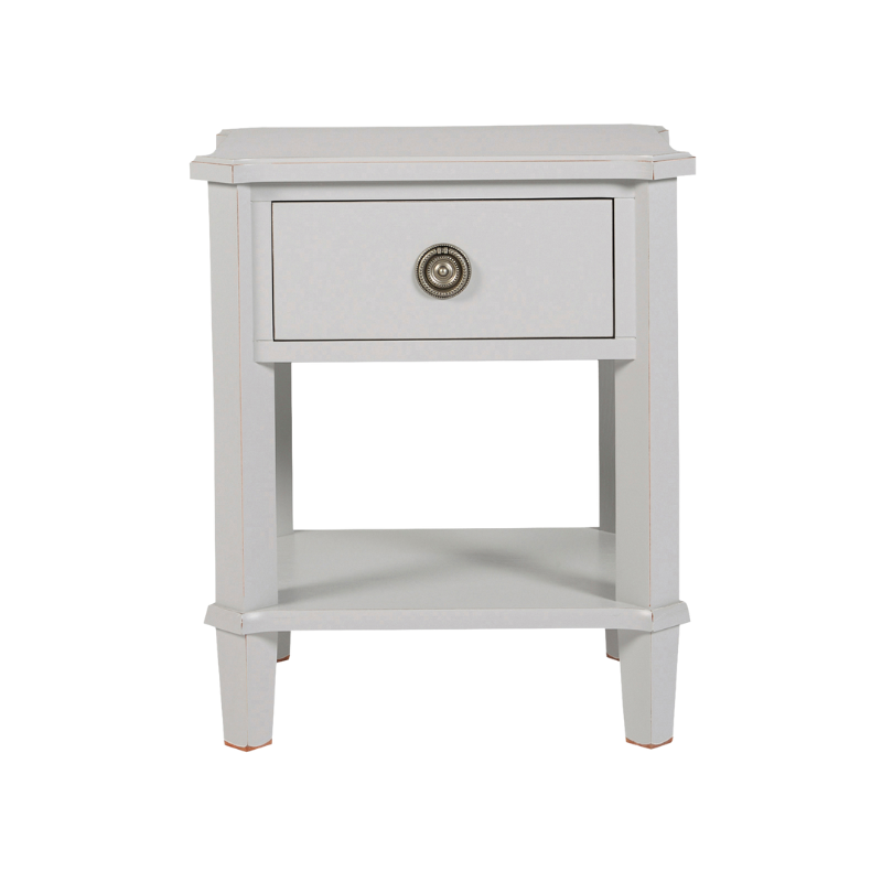 White nightstand with a single drawer on a white background