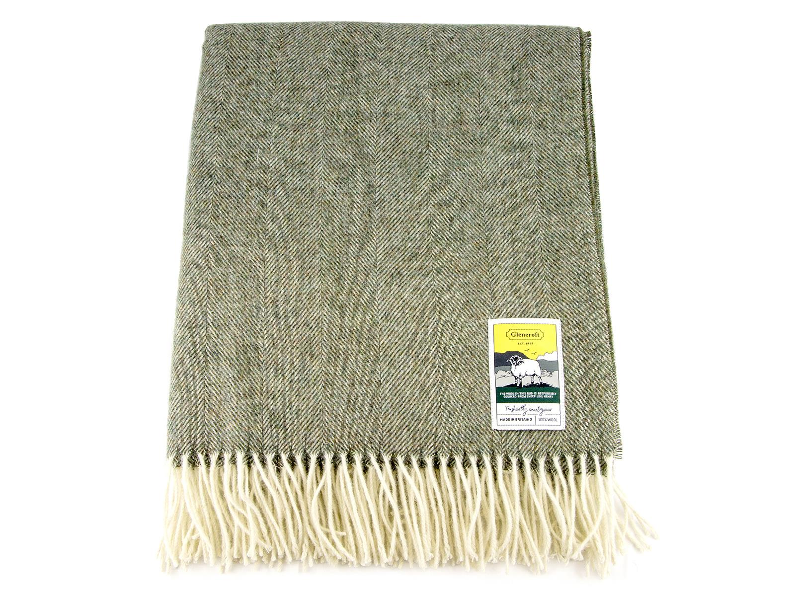 Herringbone Pure New Wool Blanket - Green - White Bear Furnishings