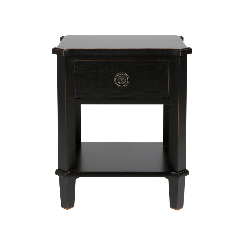 Black nightstand with a drawer on a white background