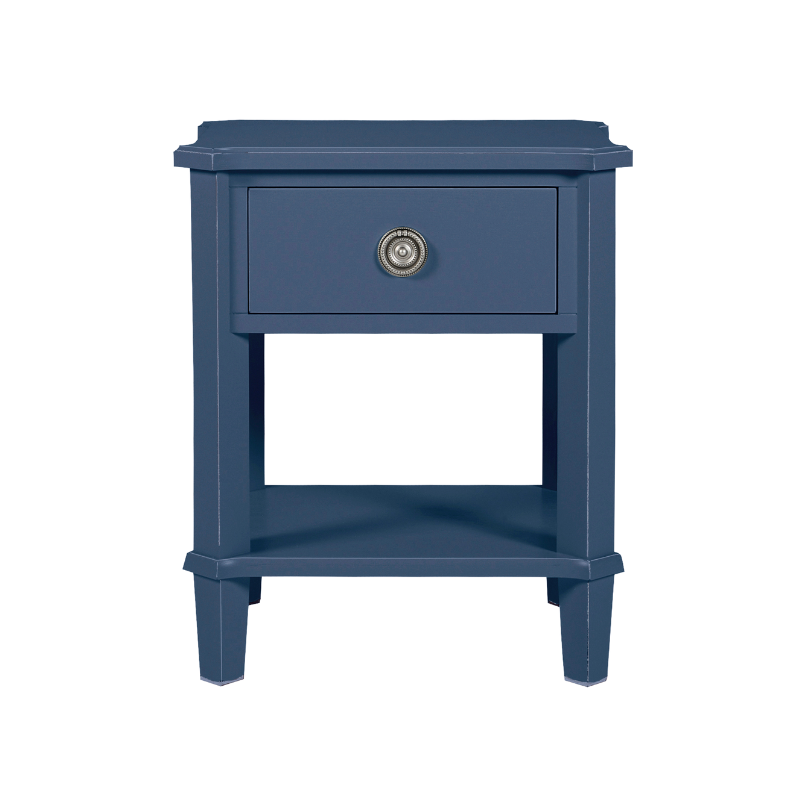Blue side table with a drawer on a white background