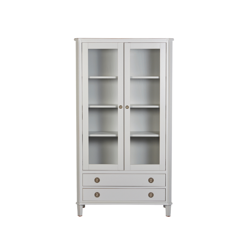 White cabinet with glass doors and drawers on a white background