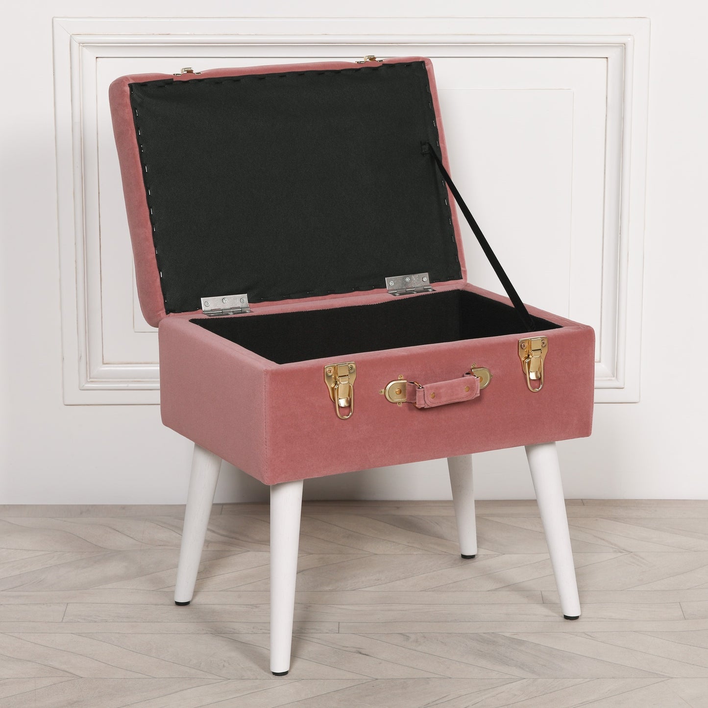 Pink Velvet Suitcase Storage Stool with White Wooden Legs - AV120