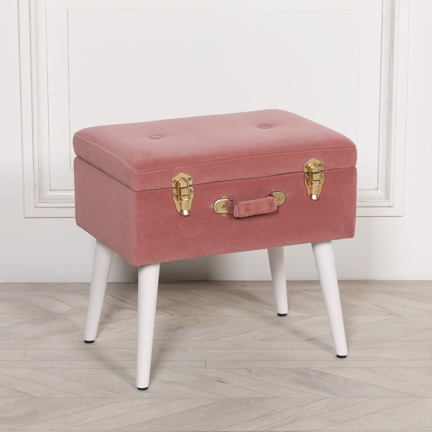 Pink Velvet Suitcase Storage Stool with White Wooden Legs - AV120