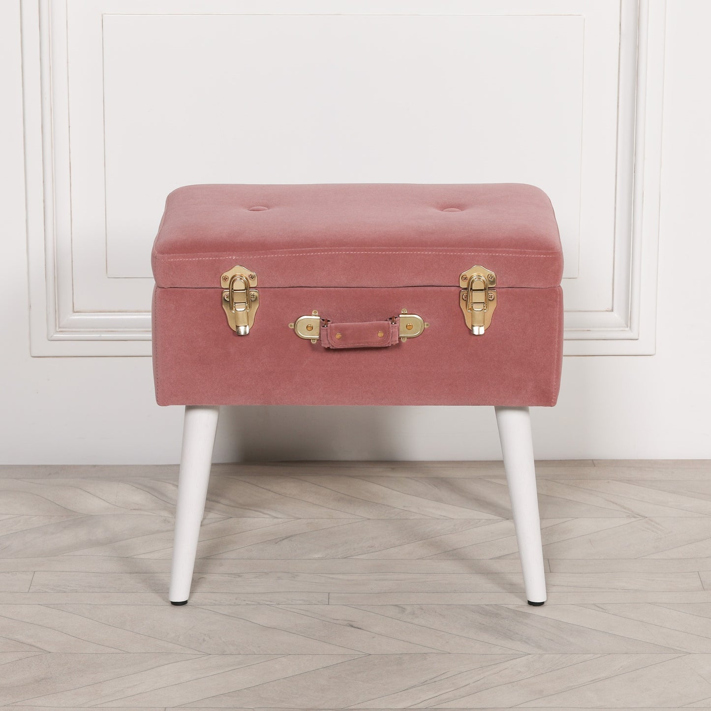 Pink Velvet Suitcase Storage Stool with White Wooden Legs - AV120