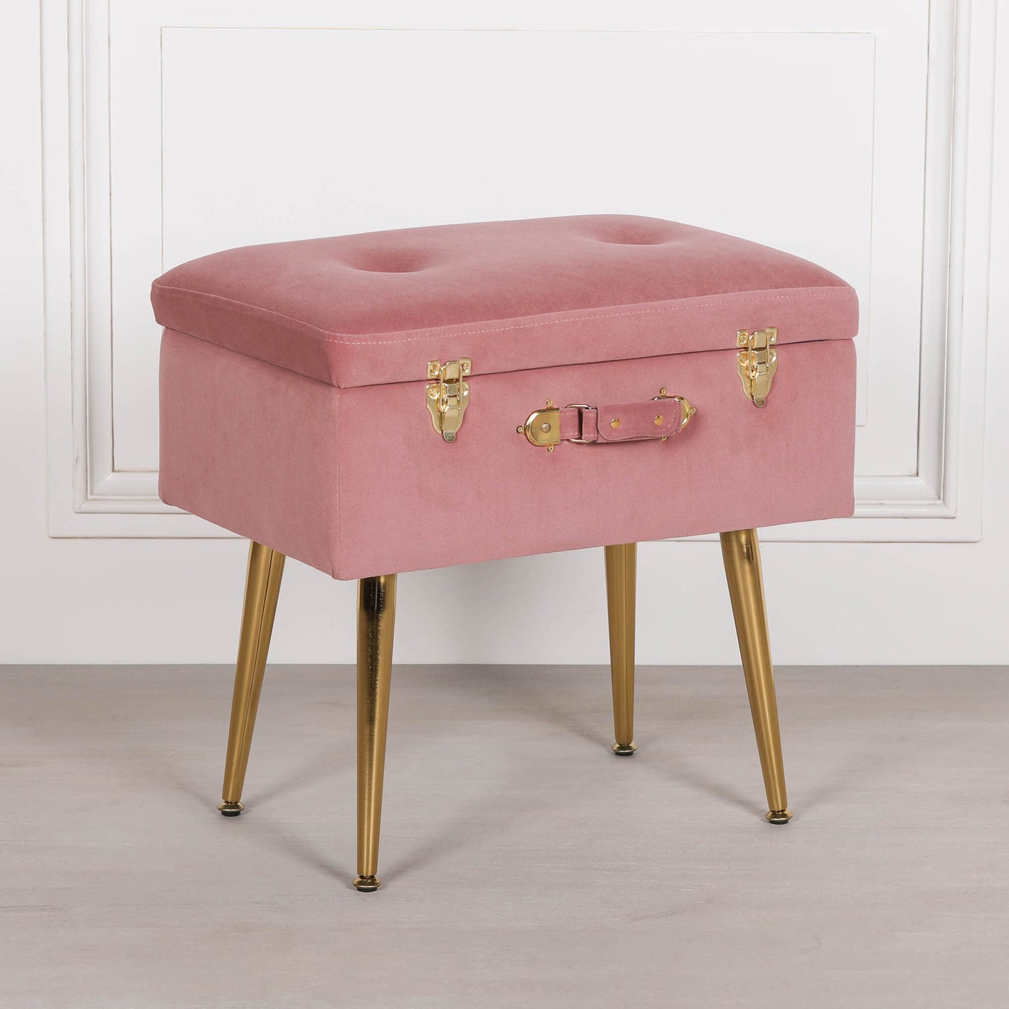 Pink Velvet Suitcase Storage Stool with Gold Legs - AV122