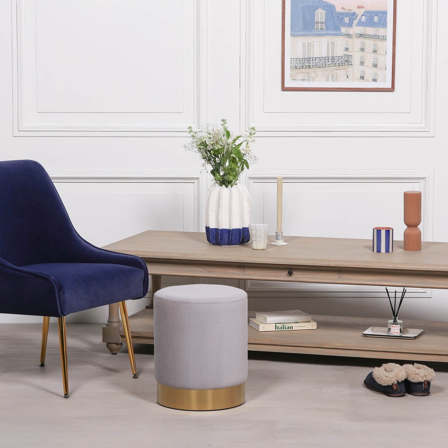 Grey Velvet Round Ottoman Foot Stool - AV131