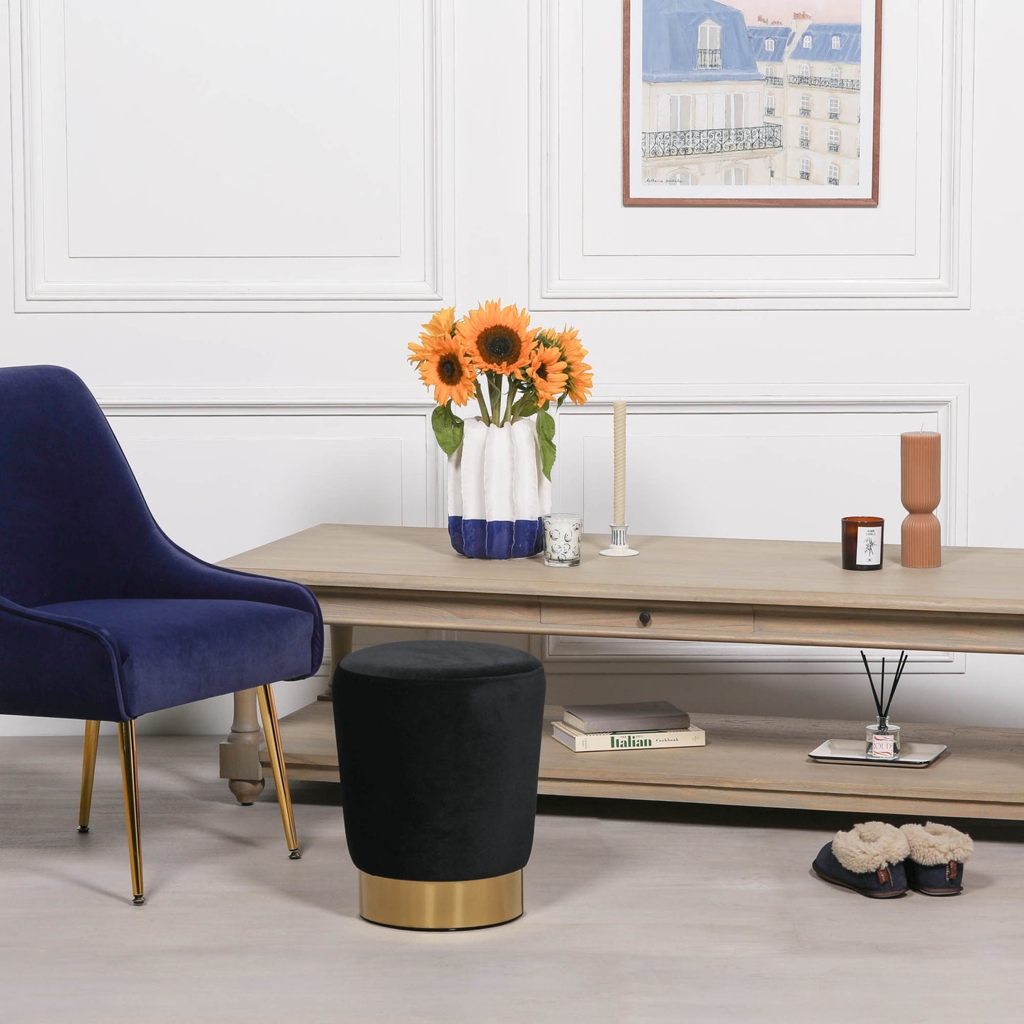 Velvet Round Stool in Black with Gold Base - AV132