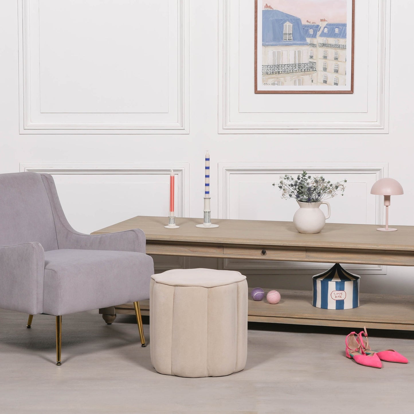 Natural Velvet Piped Edge Round Ottoman Foot Stool - AV457