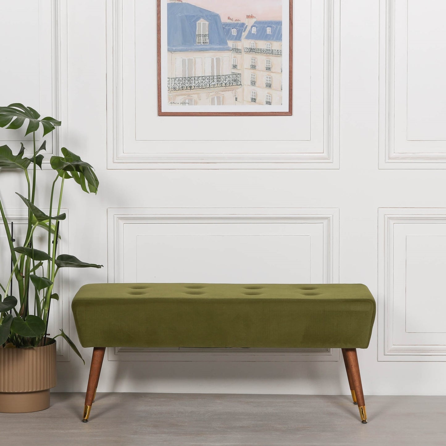 Olive Green Velvet Buttoned Ottoman Bench with Gold Legs - AV499