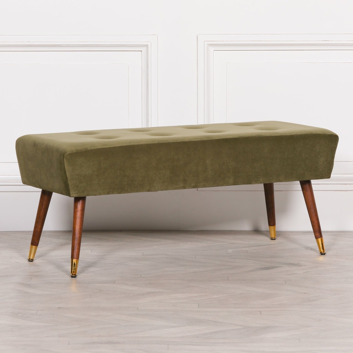 Olive Green Velvet Buttoned Ottoman Bench with Gold Legs - AV499