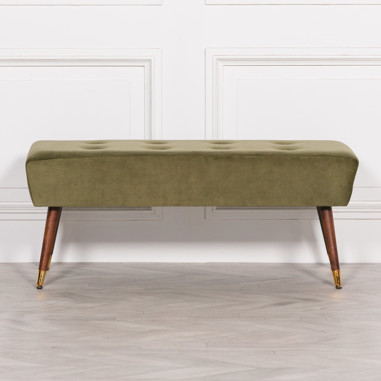 Olive Green Velvet Buttoned Ottoman Bench with Gold Legs - AV499