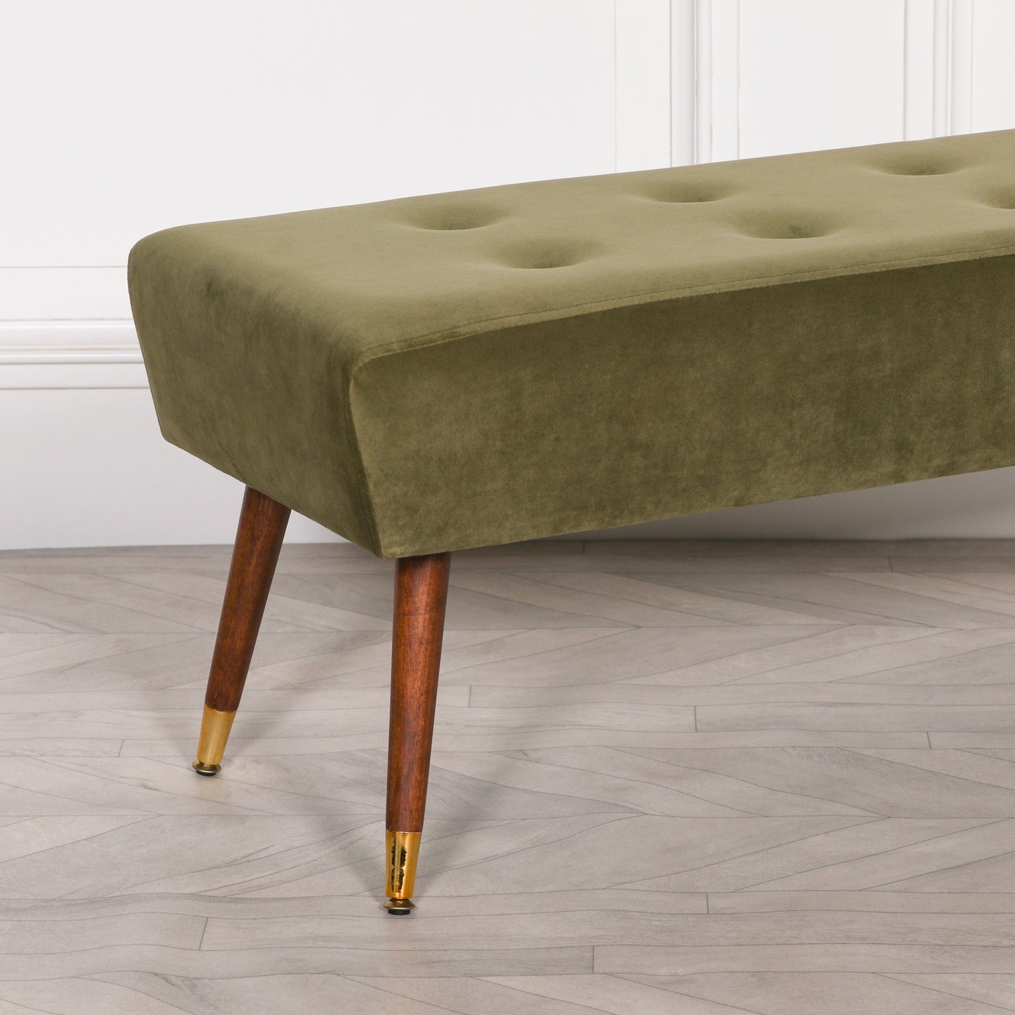 Olive Green Velvet Buttoned Ottoman Bench with Gold Legs - AV499