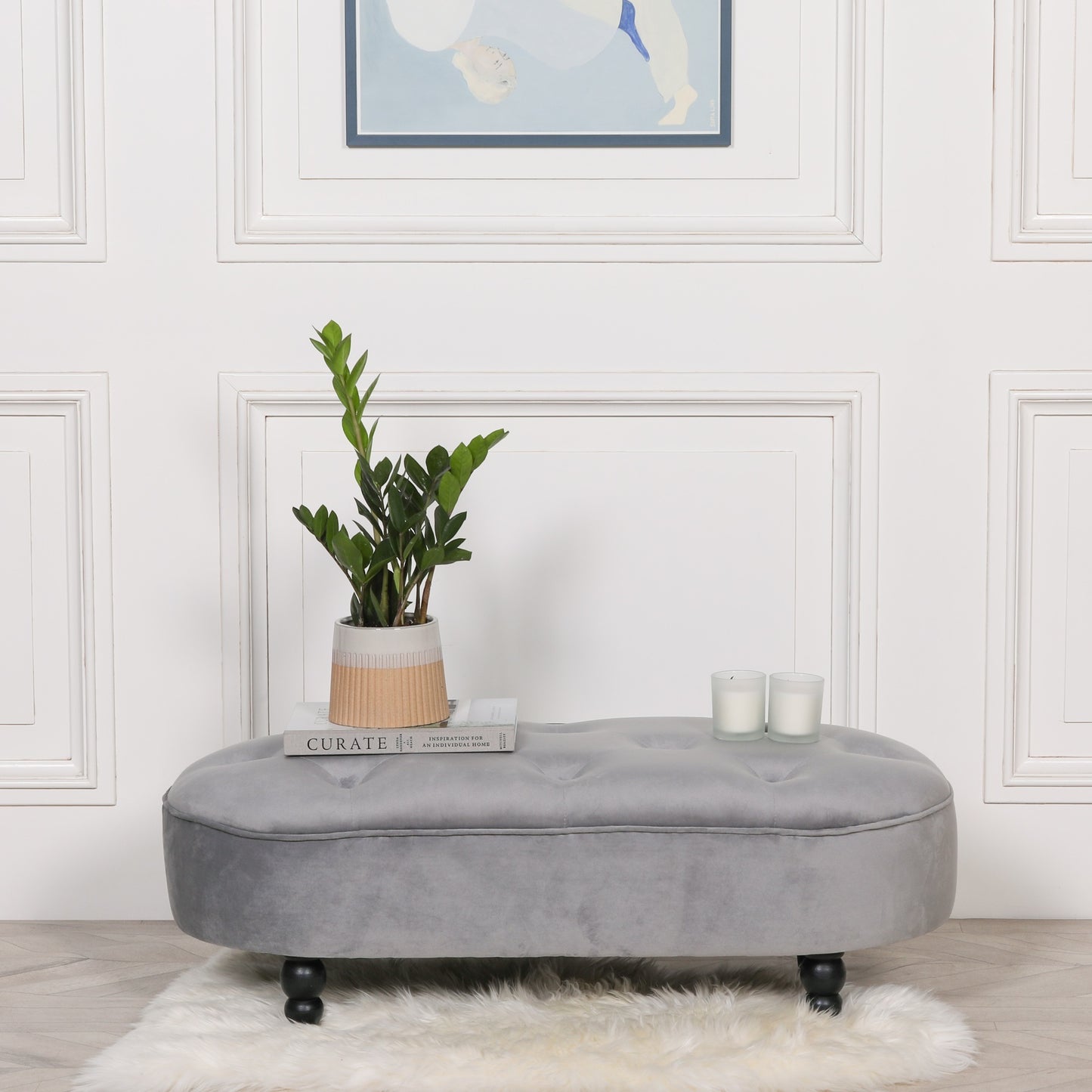 Grey Velvet Buttoned Upholstered Bench with Black Legs - AV505