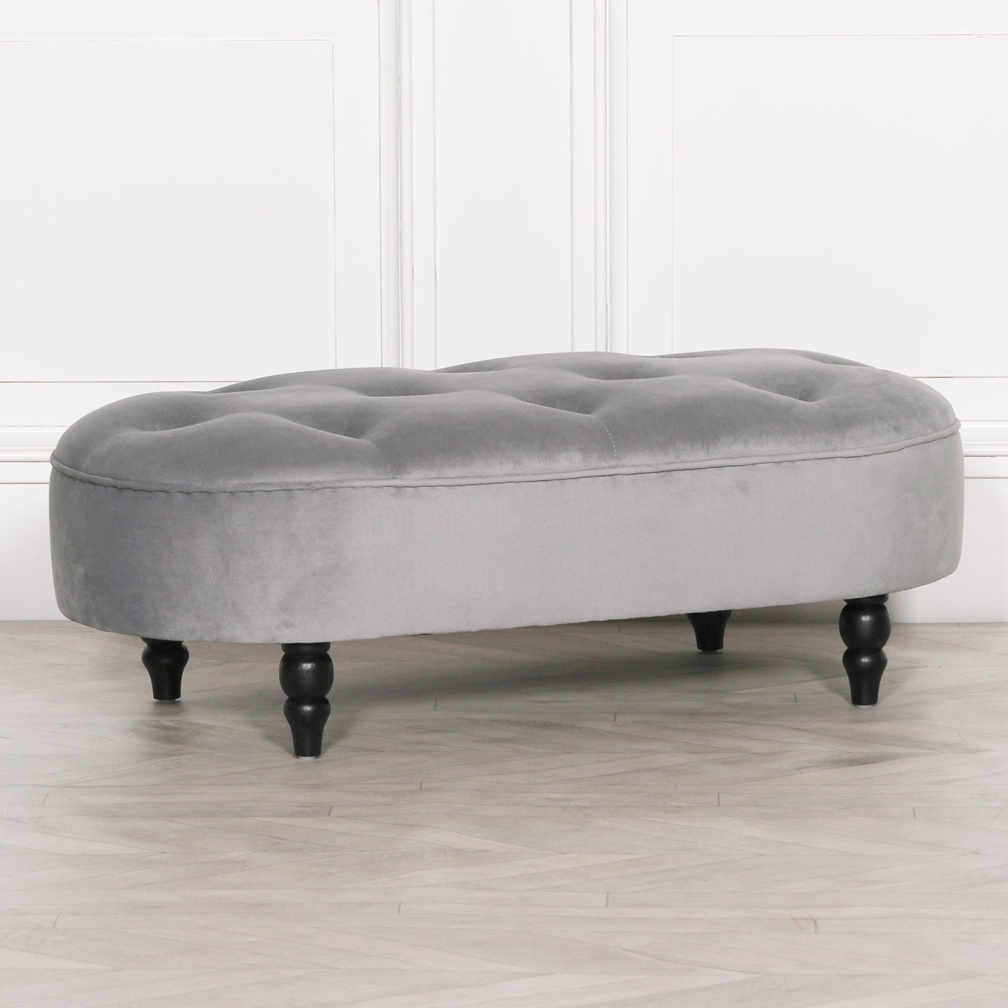 Grey Velvet Buttoned Upholstered Bench with Black Legs - AV505