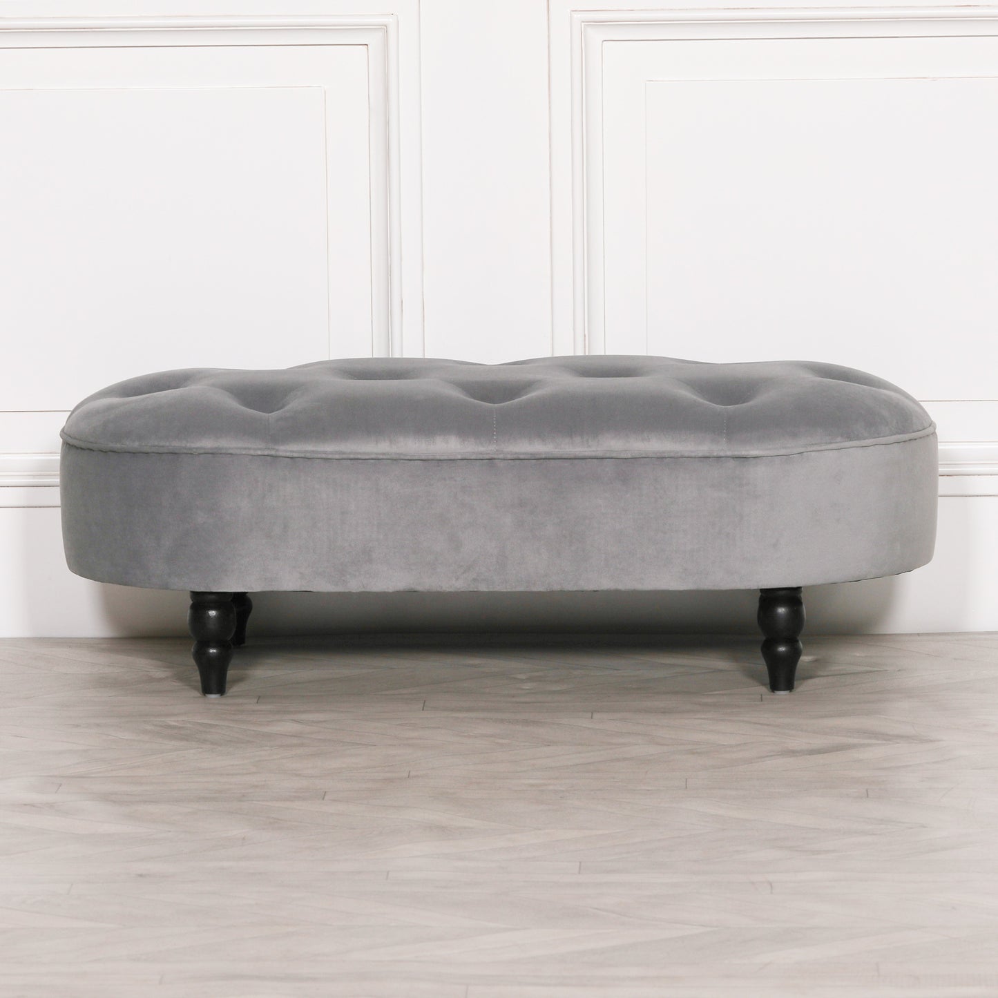 Grey Velvet Buttoned Upholstered Bench with Black Legs - AV505